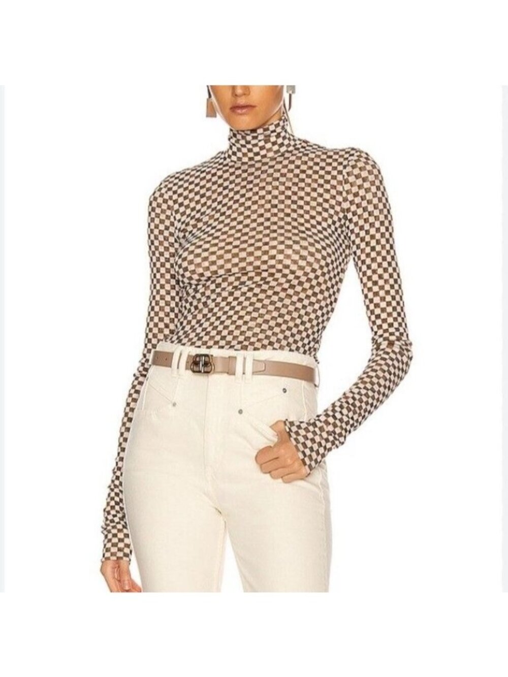 Nanushka Womens XS Harri Turtleneck Top Mesh Checkered Long Sleeve Brown Cream